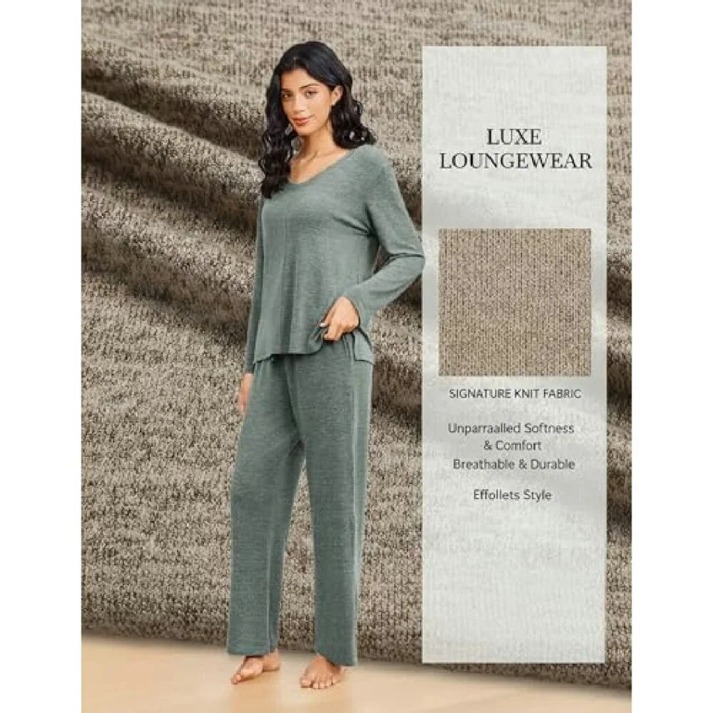 Soft Long Sleeve Pajama Set V-Neck Lounge Wear S-XXL